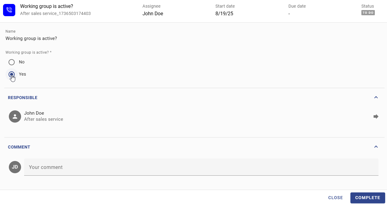 In this screenshot, a decision based on an exclusive gateway in the pop-up window of the corresponding task is shown.