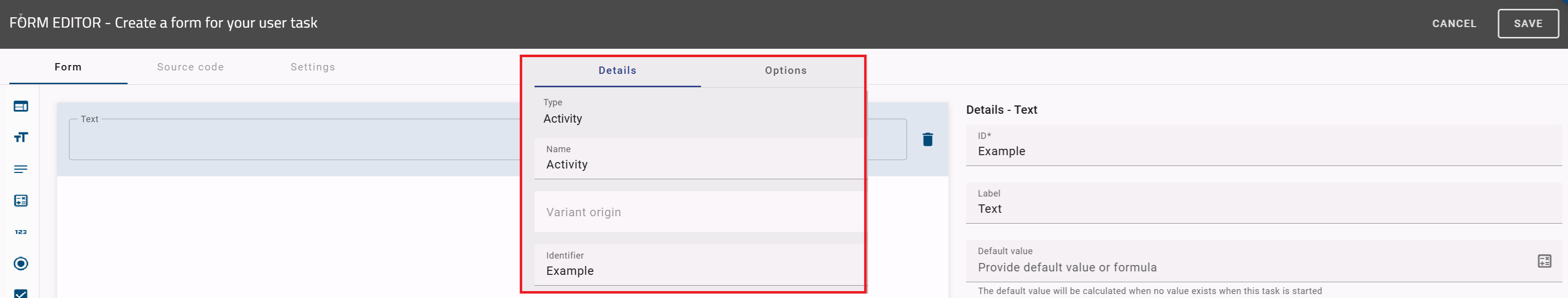 The screenshot shows the forms editor and the attribute bar of a role in BIC Process Design. The "identifier" field of the role is maintained with the same value as the id of the forms text field.