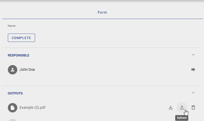 This screenshot demonstrates how the function "Upload file" is used to set an output document.