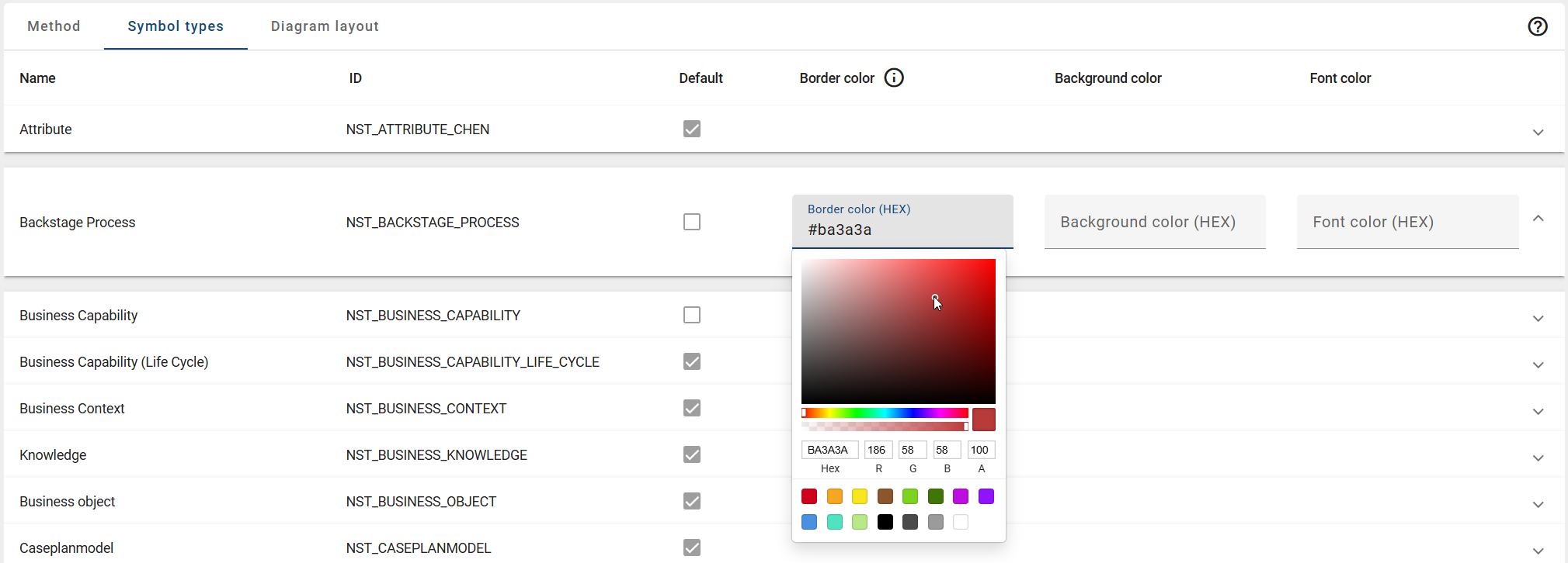 The screenshot shows the selection of a color value of the border color of a symbol.