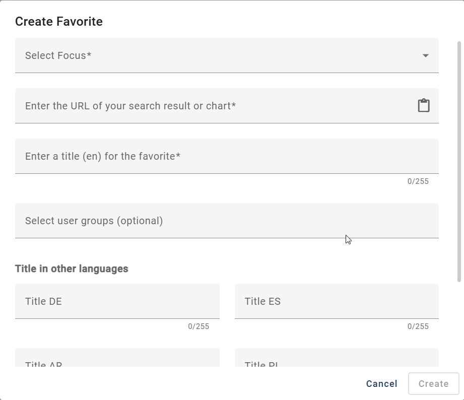 The screenshot shows the dialog window for creating a new standard favorite.