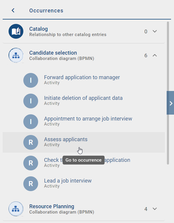 This screenshot shows the "Occurrences" button in the details tab.
