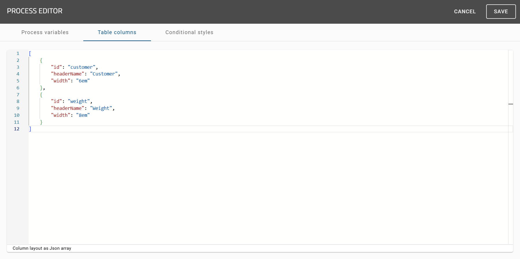 The screenshot shows the "ProcessApp Quick Editor" with the column layout.