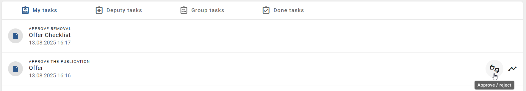 The screenshot shows the task area in which the publication of a catalog item has to be accepted or rejected.