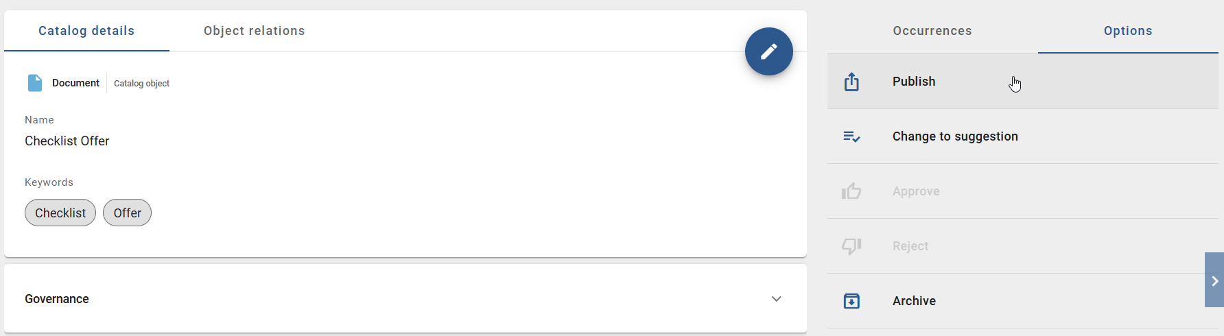 Here, the "Publish" button of a catalog item is displayed in the options panel.