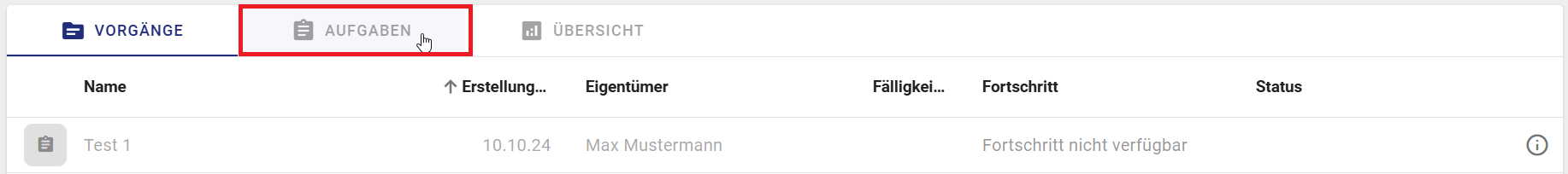 Der Screenshot zeigt die Registerkarte "Aufgaben" in der Vorgangsliste einer ProcessApp.