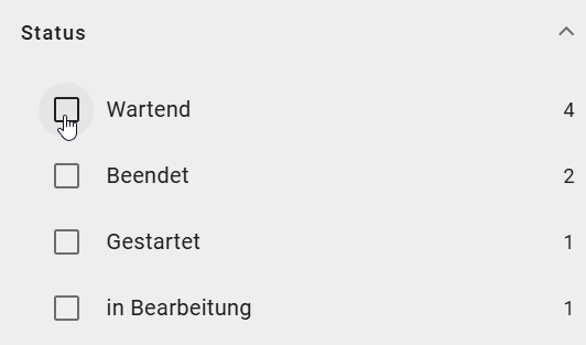 Der Screenshot zeigt die Filterfacette "Status" in der Registerkarte "Filter" in einer Vorgangsliste.